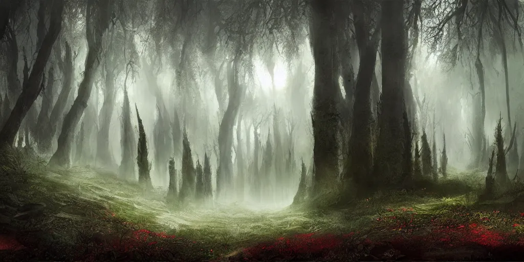 Image similar to beautiful matte painting of a fantasy dark forest