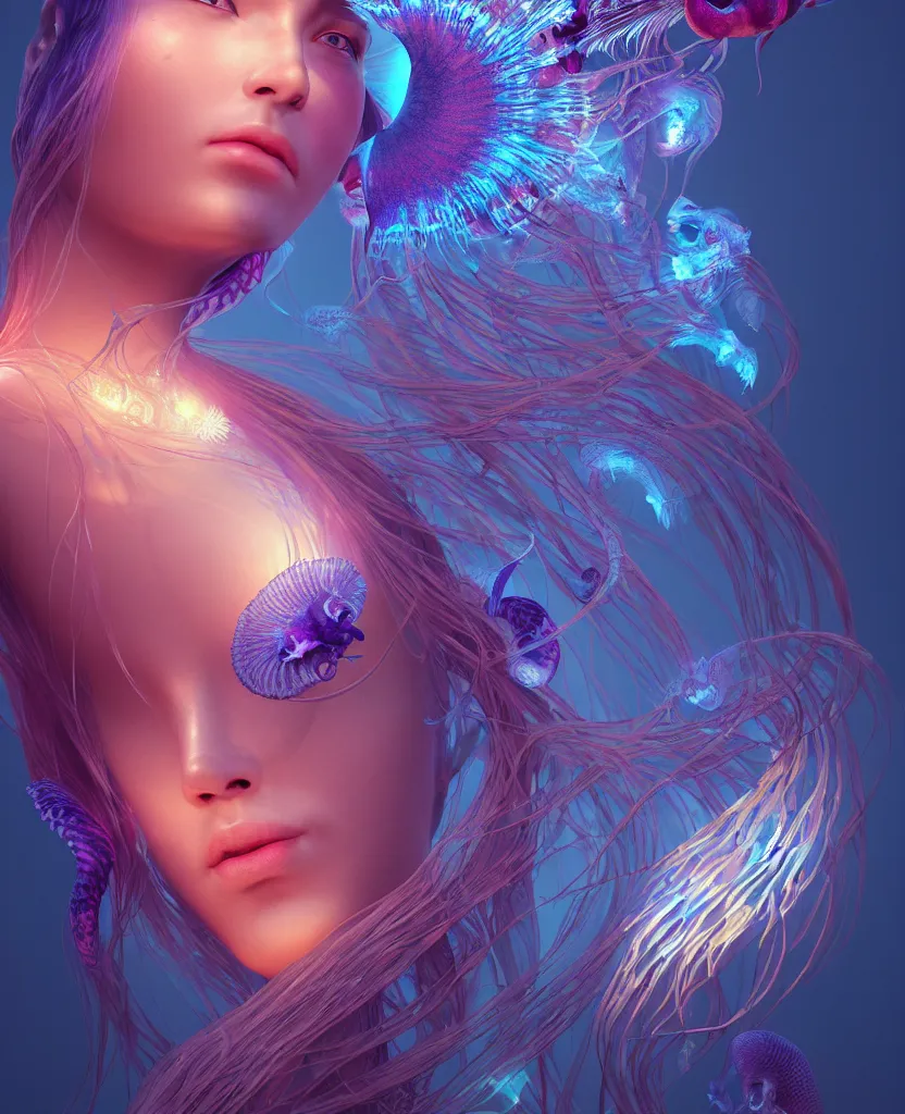 Image similar to goddess close-up portrait. jellyfish phoenix head, nautilus, orchid, skull, betta fish, bioluminiscent creatures, intricate artwork by Tooth Wu and wlop and beeple. octane render, trending on artstation, greg rutkowski very coherent symmetrical artwork. cinematic, hyper realism, high detail, octane render, 8k