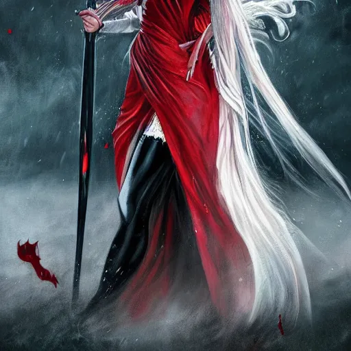 Prompt: stunning comic book style portrait painting of Long White Haired beautiful demon woman wearing red dress holding black blade, red eyes, in the style of WLOP, 8k masterpiece, cinematic lighting, pristine clean design, high fantasy, insanely detailed, atmospheric,