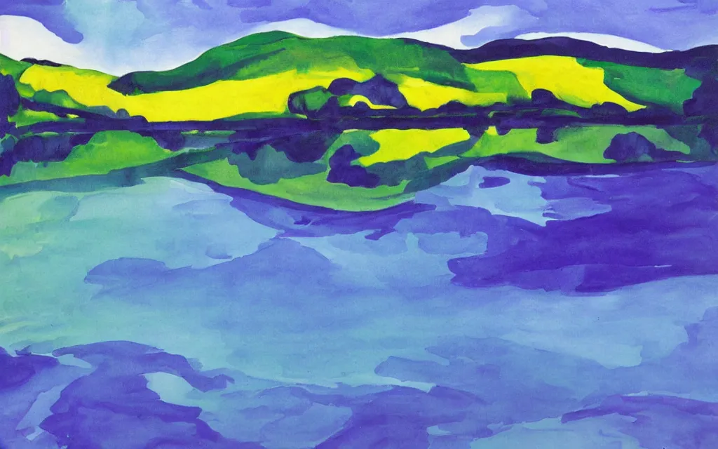 Image similar to the alps and reflection in a lake in the style of georgia o keeffe. colorful, wavy. painting. medium long shot. perspective. color palette of blue, yellow, purple, green. alpenguhen