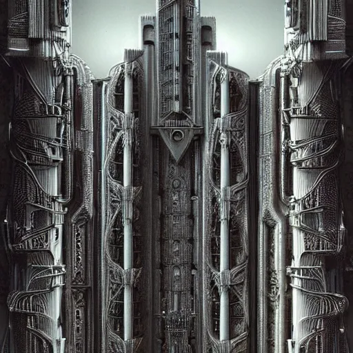 Image similar to highly advanced futurescape, intricate, high detailed, superstructures, elegant architecture, 8k, 144mm full shot, cinematic :: H.R. Giger ::