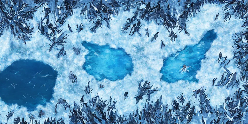 Prompt: a d & d background of a frozen lake with monsters beneath the ice, viewed from above, high quality digital art, gridless, vivid, blue tones, oil painting, trending on arstation, oil painting