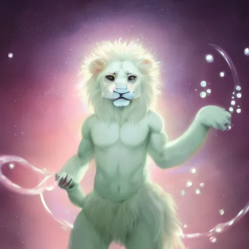 Image similar to aesthetic portrait commission of a albino male furry anthro lion entering a heavenly coherently shaped void made out of bubbles while wearing a cute mint colored cozy soft pastel wizard outfit, winter Atmosphere. Character design by charlie bowater, ross tran, artgerm, and makoto shinkai, detailed, inked, western comic book art, 2021 award winning painting