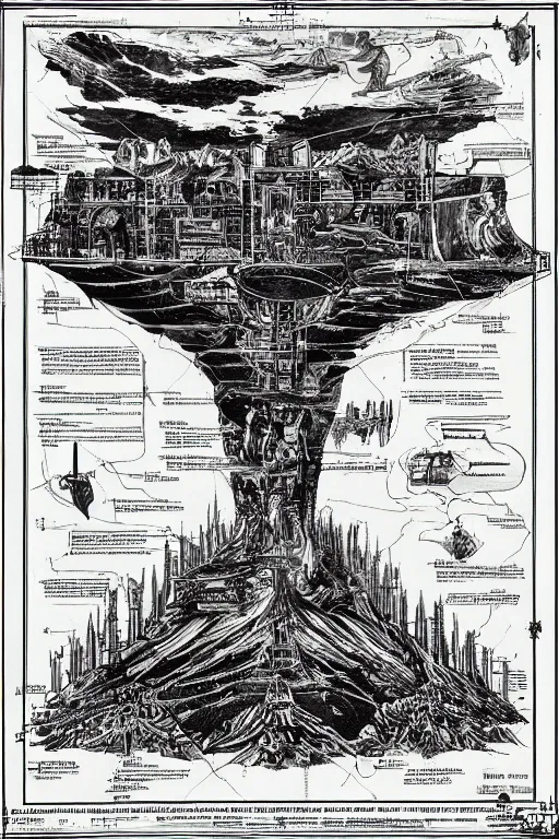 Prompt: blueprint for world destruction, epic composition, labeled diagrams, high detail, high contrast illustrations