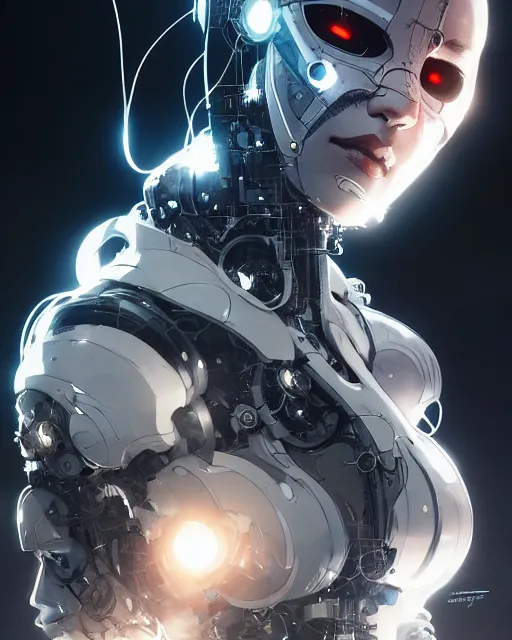 Prompt: cyborg removing her human mask revealing wires and gears behind her face, white mask, futuristic, y2k aesthetic, dramatic lighting, illustration by Greg rutkowski, yoji shinkawa, 4k, digital art, concept art, trending on artstation