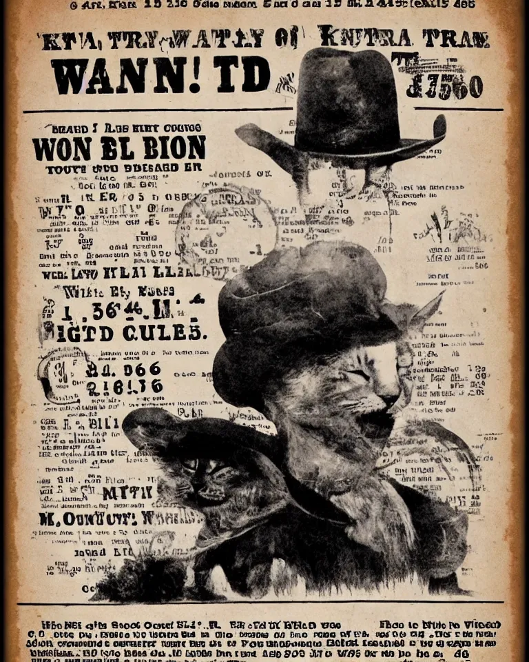 Image similar to 1865 wanted poster Wanted $1000 Reward kitten in cowboy hat Billy the Kit