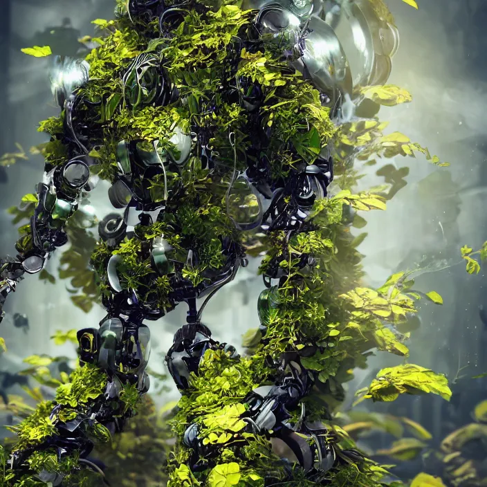 Prompt: overgrown foliage taking over an abandoned robot body, close - up, 3 5 mm, biopunk, bokeh, beautiful, lens flare, emotional, sweet, flowers, detailed, picture, trending on artstation, award - winning, shiny, golden