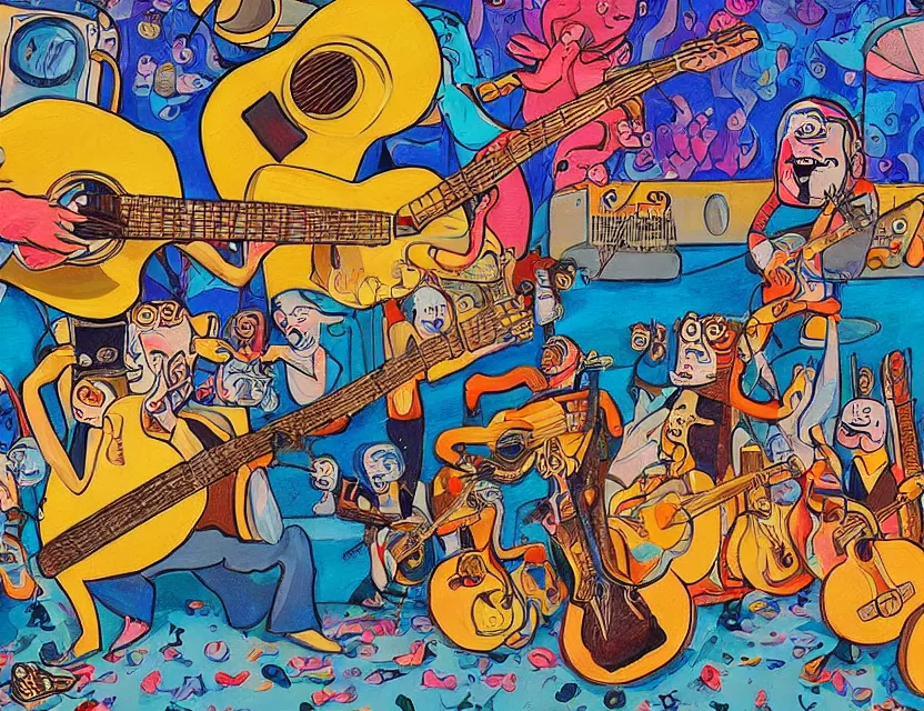 Prompt: a detailed painting of a concert by bananas with guitars while the gold fishes are stoned and smiling in the sky in the style of artist James Jean