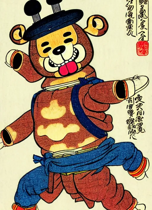 Image similar to freddy fazbear as a yokai illustrated by kawanabe kyosai and toriyama sekien