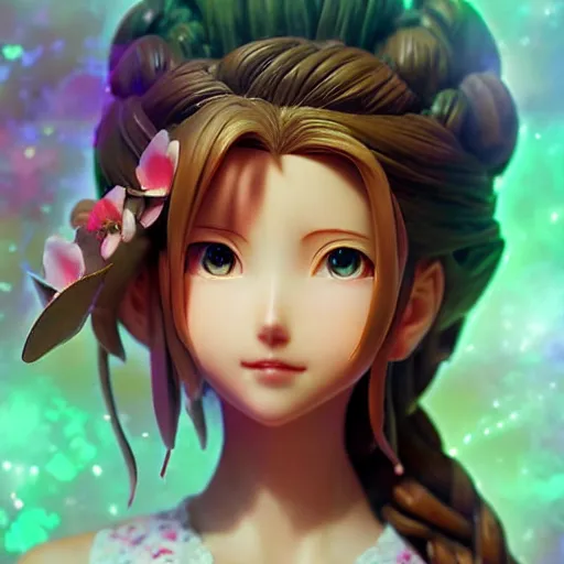 Prompt: daydreaming Aerith Gainsborough close-up portrait looking straight on, complex artistic color ink pen sketch illustration, full detail, gentle shadowing, fully immersive reflections and particle effects, chromatic aberration, statue, art by Artgerm and Range Murata.