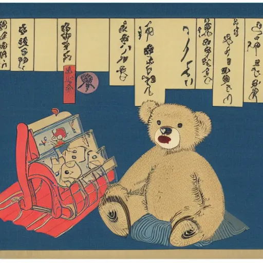 Prompt: Teddy Bear shopping, ukiyo-e