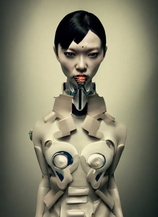 Prompt: portrait of a futuristic geisha cyborg, in the style of ghost in the shell, kintsugi, modern fine art, fractal, intricate, elegant, highly detailed, digital photography, subsurface scattering, by jheronimus bosch and erwin olaf and pieter hugo and bruce davidson and greg rutkowski,