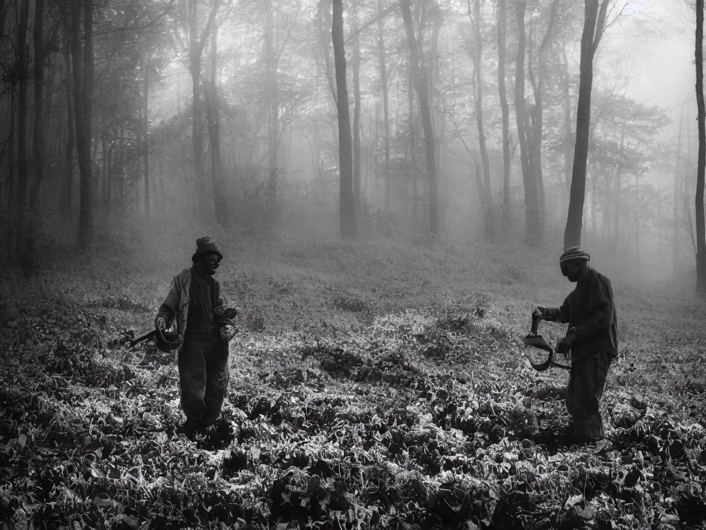 Prompt: Black and white 35mm film old photograph of an impoverished young mushroom picker for mushrooms in a forest blanketed with mushrooms and fog. Deep shadows and highlights and sunflair. Wide shot. bokehlicious.