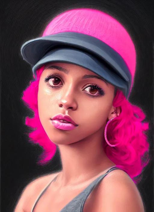 Image similar to portrait of teenage vanessa morgan with bright pink hair, black girl, vanessa morgan, curly pixie cut hair, wearing newsboy cap, newsboy cap, hoop earrings, intricate, elegant, glowing lights, highly detailed, digital painting, artstation, concept art, smooth, sharp focus, illustration, art by wlop, mars ravelo and greg rutkowski