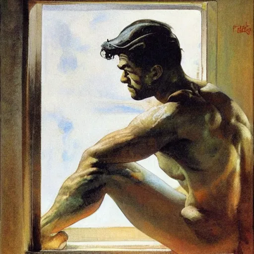 Image similar to a man looking out a window, frank frazetta,