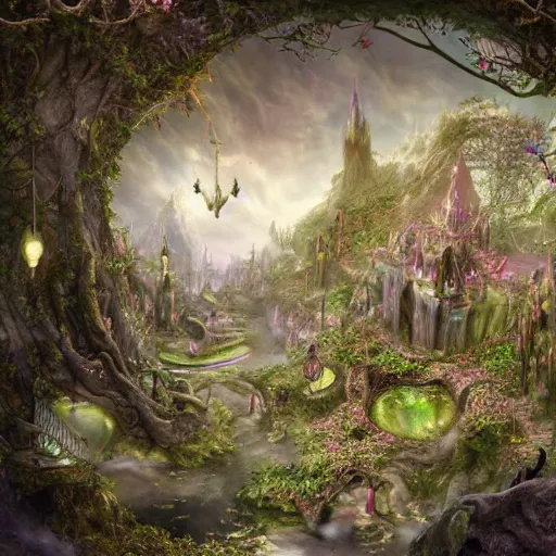 Image similar to **A elf and fairy world, hyper detailed, matte painting, book illustration, paper texture, fairy dust, post processing