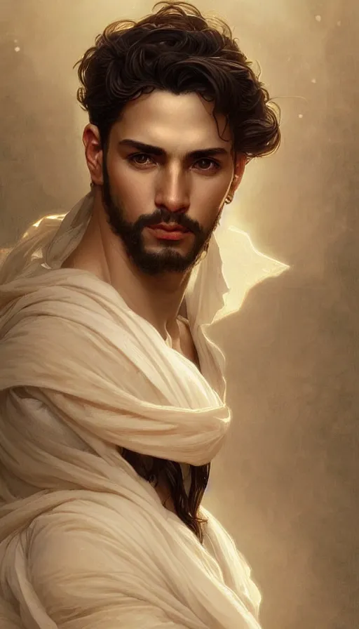 Prompt: portrait of classical greek man, dreamy and ethereal, peaceful expression, intricate, elegant, highly detailed, digital painting, artstation, concept art, smooth, sharp focus, illustration, art by artgerm and greg rutkowski and alphonse mucha