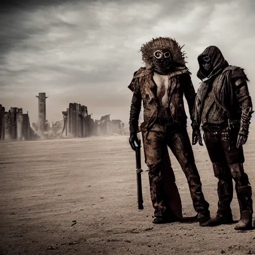 Prompt: a very huge, very big masked mutant man standing next to a small blonde woman, they are staring at the horizon where there are the ruins of a city, postapocalyptic, mad max style, award winning photograph, photo