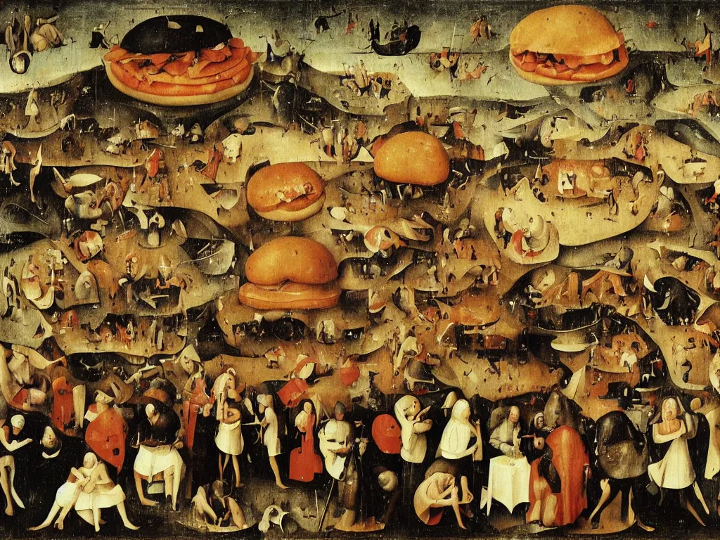 Prompt: crowd of tired workers holding a humongous hamburger over their heads with enormous effort by Hieronymus Bosch