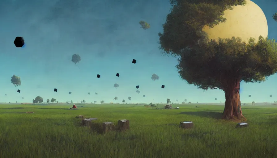 Image similar to floating black hexagons in the sky, wheat harvesting, big tree, person, matte painting, art station, blue sky, simon stalenhag