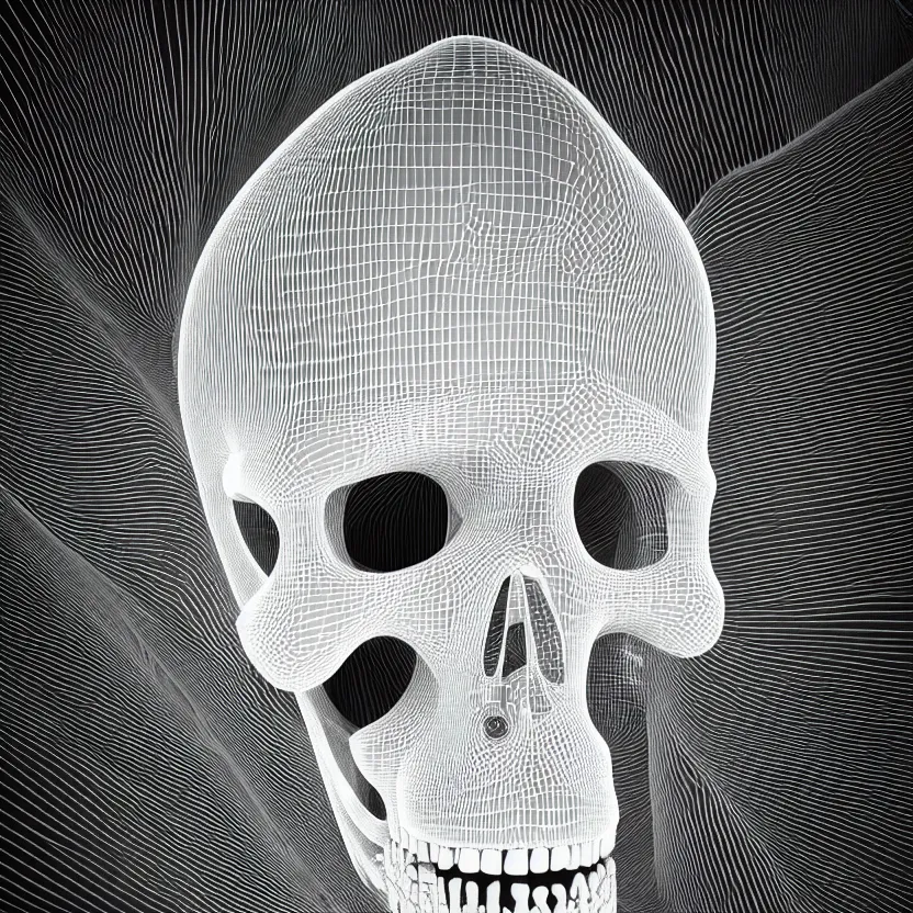 Image similar to black and white light 3D geometry, skull, matte bright highly detailed, poetic, 3D render, digital art, octane render, 8K artistic photography, photo-realistic, by Dora Maar