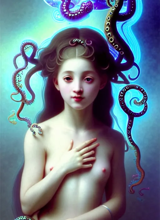 Prompt: A full shot of a cute magical monster girl wearing a dress made of opals and tentacles. Subsurface Scattering. Caustics. Prismatic light. defined facial features, symmetrical facial features. Opalescent surface. Soft Lighting. beautiful lighting. By Giger and Ruan Jia and Artgerm and WLOP and William-Adolphe Bouguereau and Loish and Lisa Frank. trending on artstation, featured on pixiv, award winning, sharp, details, intricate details, realistic, Hyper-detailed, HD, HDR, 4K, 8K.