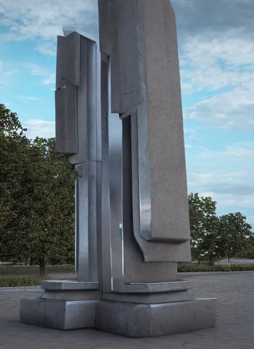 Image similar to highly detailed realistic architecture 3 d render of a mirrored stele monument in frank gahry style standing on a side of a highway, archdaily, made in unreal engine 4 octane render