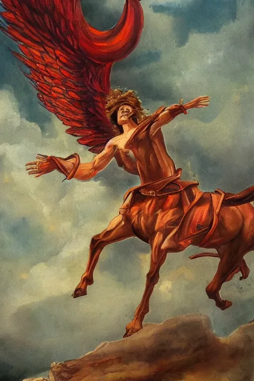 Image similar to this painting seems to depict a wingless angel on a horse who looks down at the ground beneath him. meanwhile, above him is a twisting funnel of angry red fire.