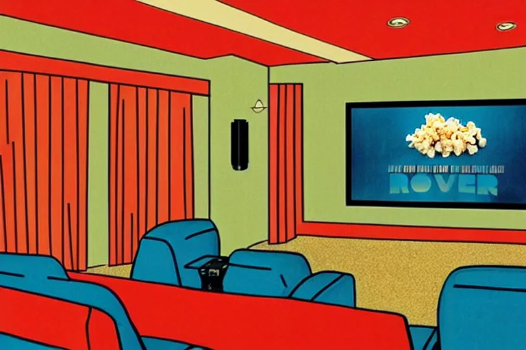 Prompt: very wide view, a modern home movie theater with big screen, stylish sconces, old popcorn machine!, movie posters!, very happy, interior designed by kelly wearstler, rough color pencil illustration