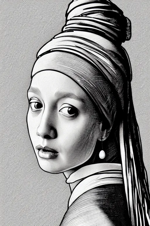 Prompt: beautiful portrait of a woman, negative no not the girl with a pearl earring, highly detailed ink illustration, b & w clean shaped illustration by kim jung gi, ric estrada, ron english and eiichiro oda