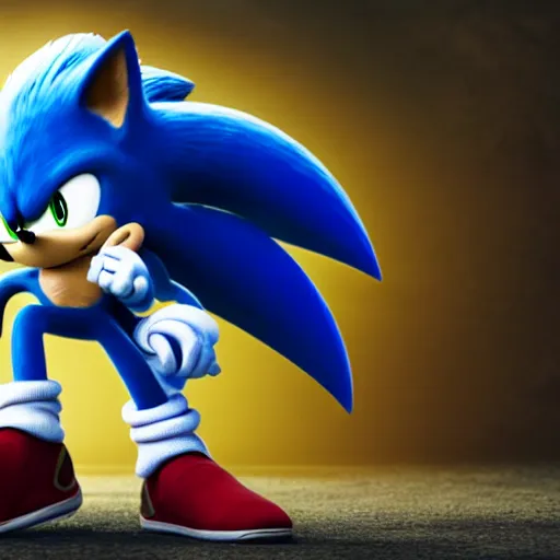 Prompt: Sonic the Hedgehog kneeling while crying, realistic, 8k, dramatic lighting, cinematic.