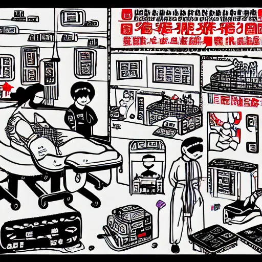 Image similar to chinese surgery operating table, in the style of daniel johnston and outsider art, 8k, line brush, minimal, overlaid with traditional chinese adverts