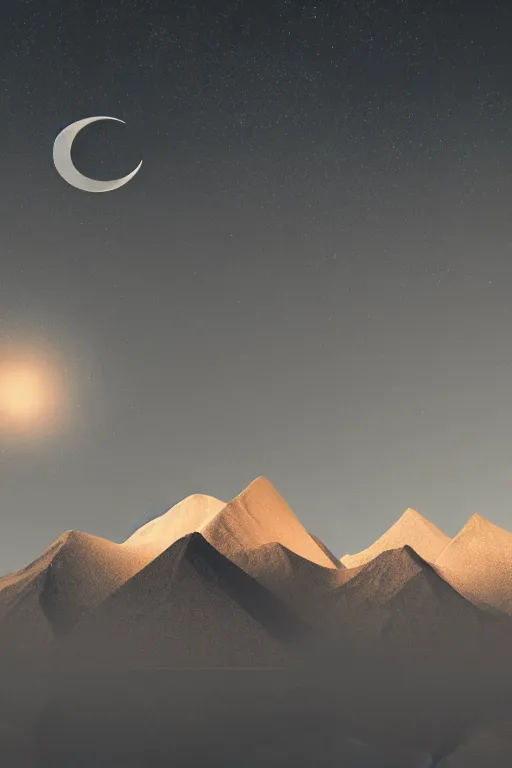 Image similar to geometric 3 d render, realistic nature, dark color palate, mountains with a crescent moon stars, 8 k