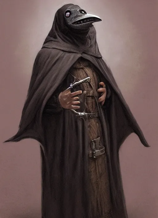 Prompt: a portrait, a chubby humanoid wearing a pointy black plague doctor mask, realistic, short in stature, wearing black medieval robes, medical doctor, serene, pointy mask, style by donato giancola, wayne reynolds, jeff easley dramatic light, high detail, cinematic lighting, artstation, dungeons and dragons