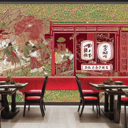 Image similar to a beautiful hyperdetailed interior 4 k hd wallpaper illustration of roasted string hotpot restaurant restaurant yan'an, wall painting, from china, with merchant logo, fine delicate structure, chinese style, victo ngai