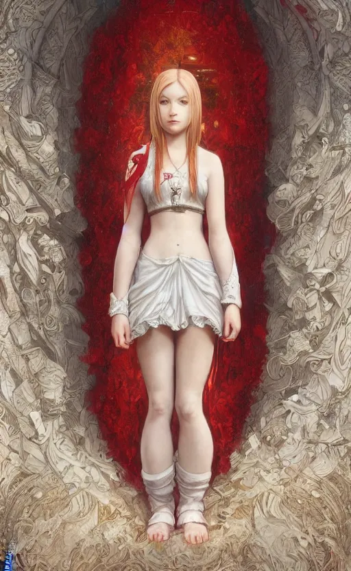 Image similar to full body shot of a young girl with blond twin tail hair and red eyes standing in front of a white wall, intricate details, eerie, highly detailed, photorealistic, octane render, 8 k, unreal engine, art by artgerm and greg rutkowski and alphonse mucha