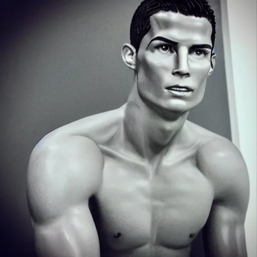 Prompt: “a realistic detailed photo of a guy who is an attractive humanoid who is half robot and half humanoid, who is a male android, Cristiano Ronaldo, shiny skin, posing like a statue, blank stare, press conference, on display”