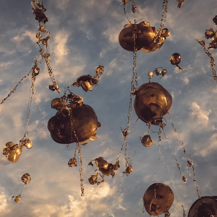 Prompt: beautiful blimps high in the sky, copper chains hanging from the edges, steampunk styled, golden hour, steam clouds, clouds, valves, award winning photography, highly detailed, low poly, extremely wide angle