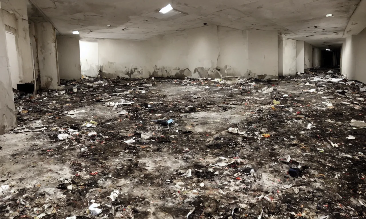 Prompt: backrooms abandoned mall, moldy walls and smoldering garbage