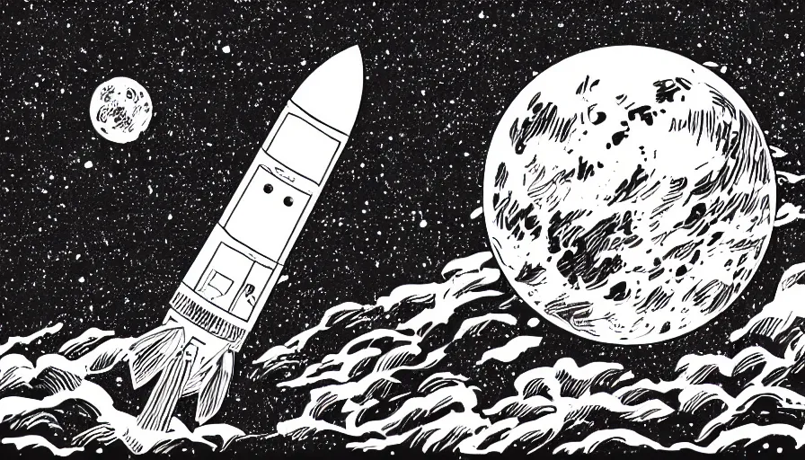 Prompt: travel to the moon with a rocket, style of graphic novel the sandmarn, black outline, on white, smooth, sharp lines, detailed