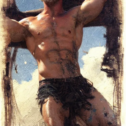 Image similar to Chris Hemsworth with a hairy!!!!! shredded!!!!! body type, painting by Gaston Bussiere, Craig Mullins