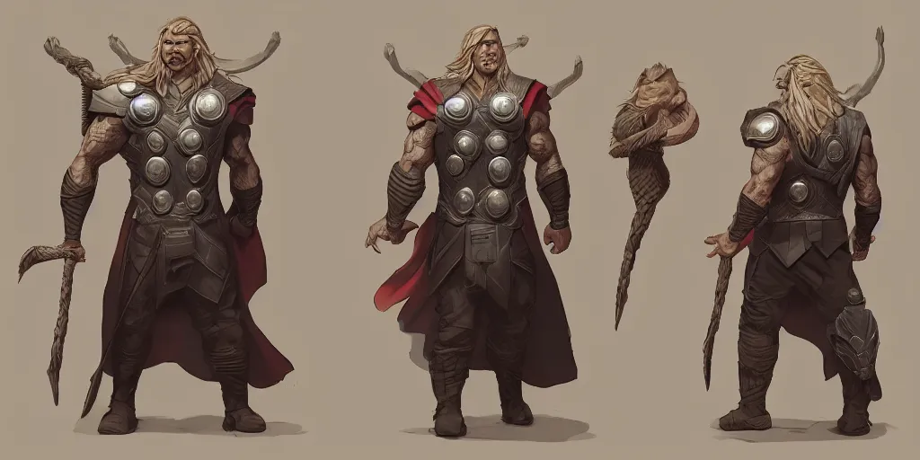 Image similar to cartoonish thor paying the rent, character sheet, fine details, concept design, contrast, kim jung gi, greg rutkowski, trending on artstation, 8 k, full body, turnaround, front view, back view, ultra wide angle