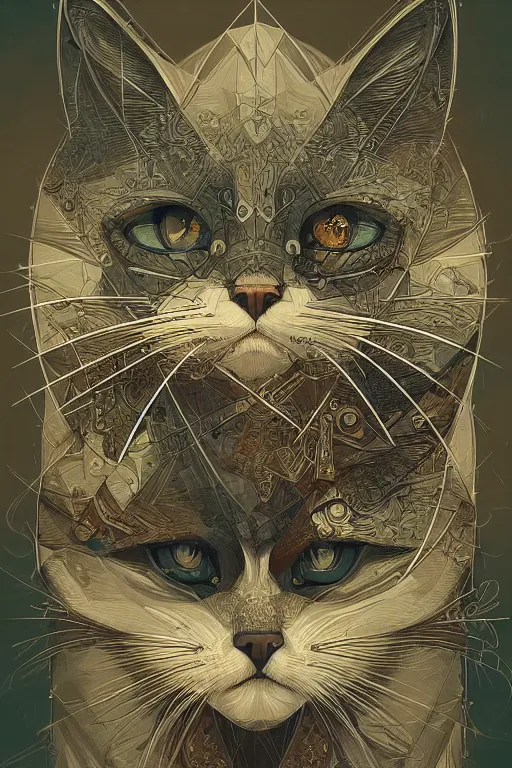 Image similar to geometric cat portrait, identical eyes, medium shot, fantasy, illustration, detailed line work, symmetrical, acid vintage color palette, artstation, hyper detailed, cinematic lighting, incredibly detailed and intricate, ornate, by peter mohrbacher