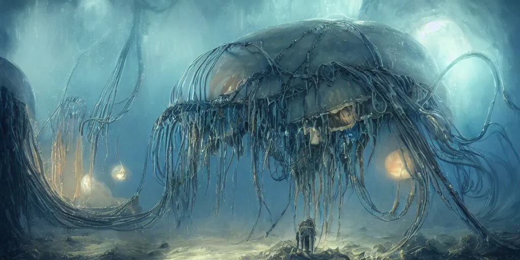 Image similar to concept art of giant translucent glowing jellyfishes, renaissance, divers helmet, lots of teeth, melting horror, round moon, rich clouds, fighting the horrors of the unknown, mirrors, very detailed, volumetric light, mist, grim, fine art, decaying, textured oil over canvas, epic fantasy art, very colorful, ornate, anato finnstark