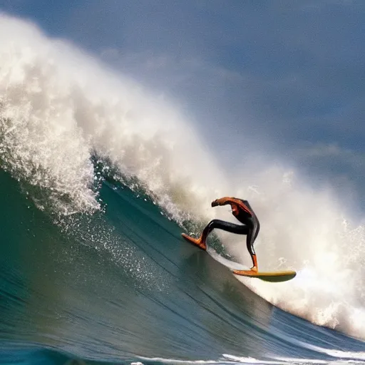 Image similar to action photo of a surfer surfing a tsunami about to crush the golden gate, action photograph