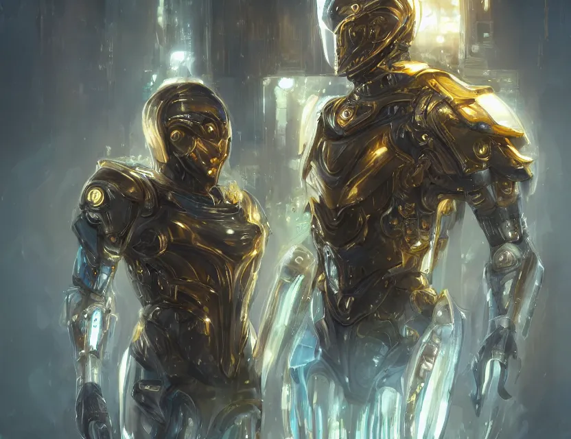 Image similar to portrait of handsome guy in cyber armor, dreamy and ethereal, expressive pose, gold eyes, exciting expression, fantasy, intricate, elegant, many lightning, cold color, highly detailed, digital painting, artstation, concept art, cyberpunk wearing, smooth, sharp focus, led, artstation character reference sheet.