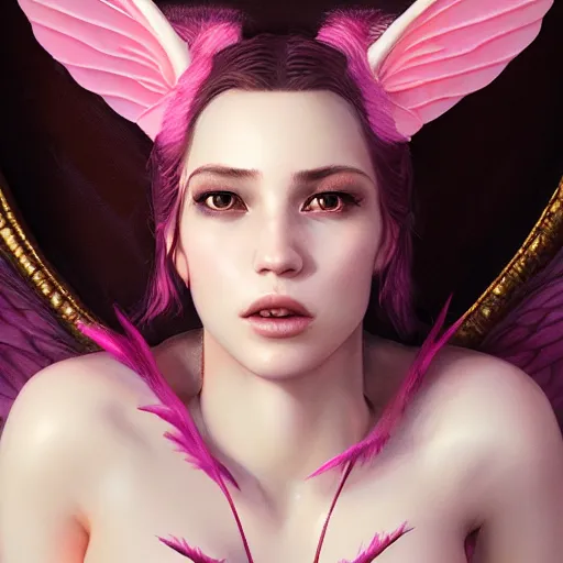 Image similar to a fancy portrait of an attractive succubi with pink wings and a calm look on her face by greg rutkowski, sung choi, mitchell mohrhauser, maciej kuciara, johnson ting, maxim verehin, peter konig, 8 k photorealistic, cinematic lighting, hd, high details, dramatic, dark atmosphere, trending on artstation