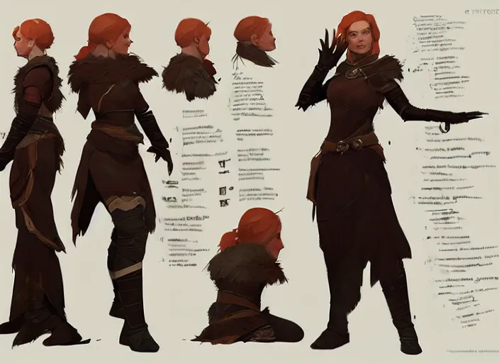 Image similar to character sheet for a beautiful ginger woman healer for dragon age by greg rutkowski, by studio ghibli, digital art, trending on artstation, hd, 8 k, highly detailed, good lighting, beautiful, masterpiece