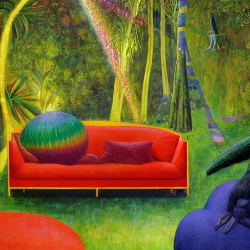 Image similar to psychedelic couch sofa in the lush forest, milky way, designed by arnold bocklin, jules bastien - lepage, tarsila do amaral, wayne barlowe and gustave baumann, cheval michael, trending on artstation, mediterranean, star, sharp focus, colorful refracted sparkles and lines, soft light, 8 k 4 k