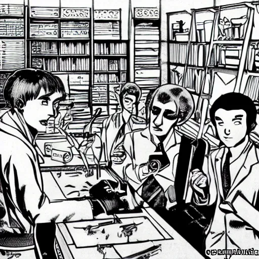 Image similar to inside the workshop with alan turing cracking the enigma with the help of albert einstein, anime, manga style,